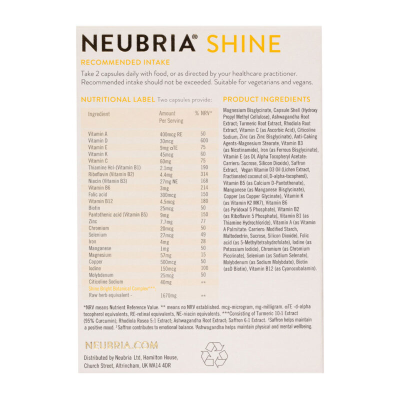 Vegan NEUBRIA SHINE Mood Συμπλήρωμα διατροφής για βελτίωση της διάθεσης και της ισορροπίας 60 κάψουλες συστατικά