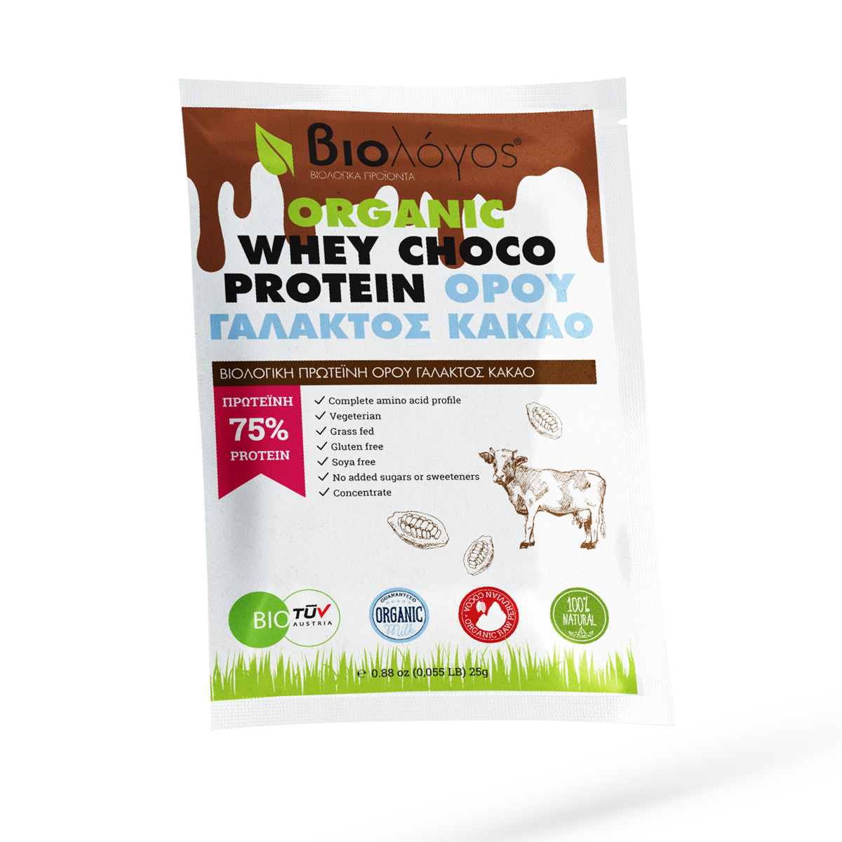 Βιολογική Μονοδοσική Πρωτεΐνη Whey Ορού Γάλακτος 75% με Γεύση Σοκολάτα Βιολόγος 25g